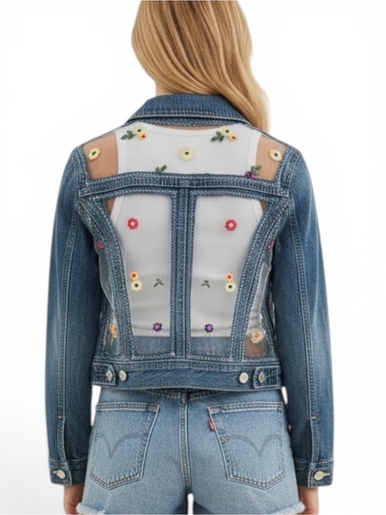 Handmade Tops - LEVI JEAN JACKET UPCYCLED with Floral Lace. HANDMADE Granny D Original OOAK MED